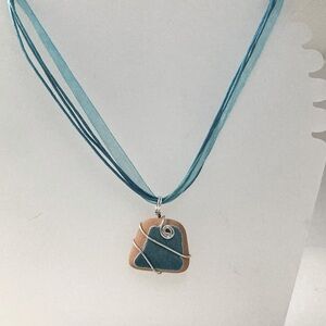 Italian Wire Wrapped Tile Necklace from Sicily, Blue & Tan, 16" Blue Cord